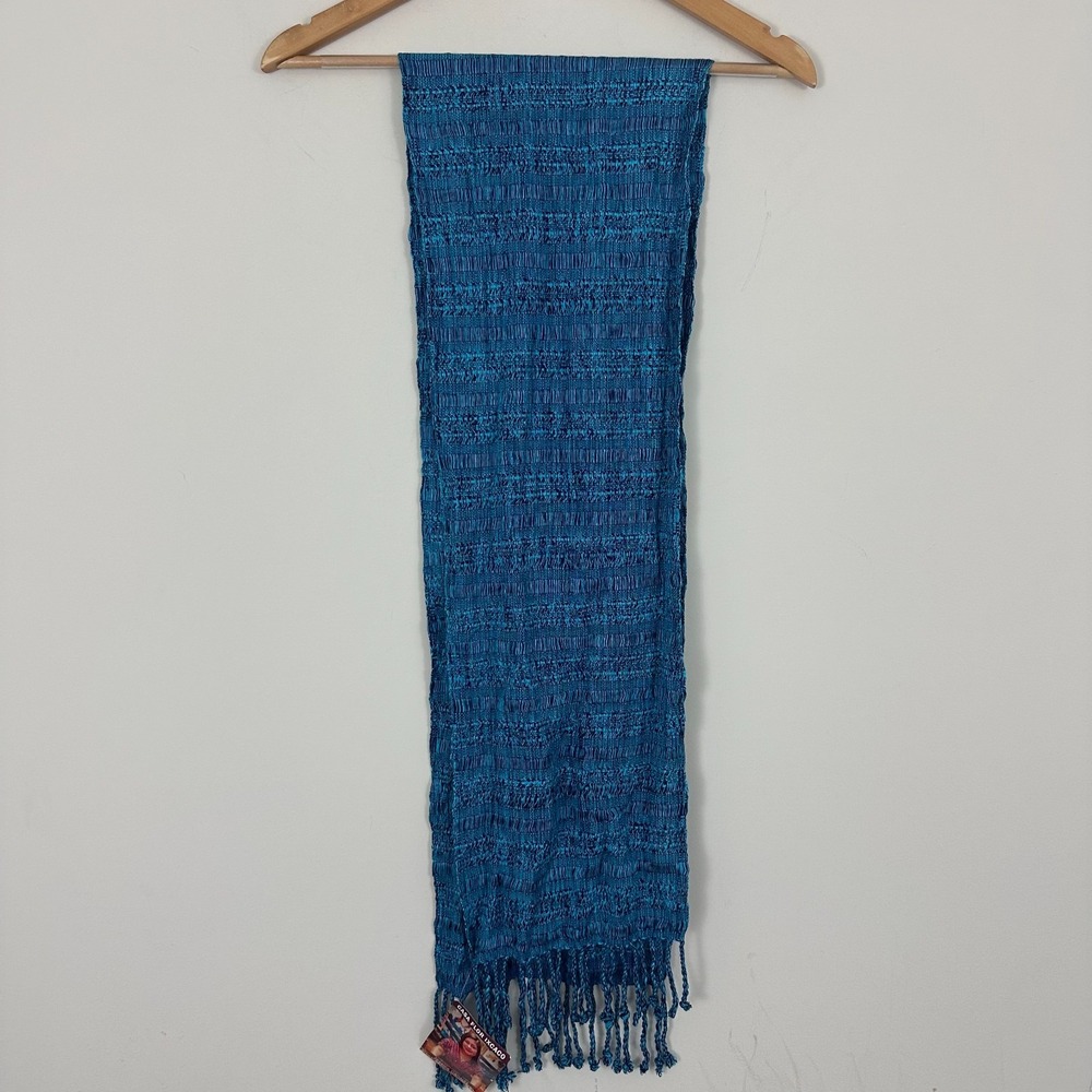 Casa Flor Ixcaco Jessica Canajay Scarf Navy Blue Cotton Silk Fringe Hem Womens